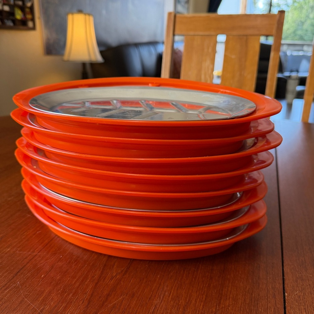 Vintage Set of 8 Steak Sizzler Platters Orange Underliners Aluminum Plate Set